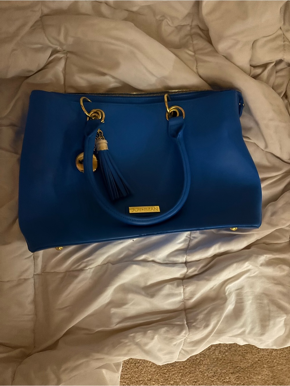 Joy & Iman Royal Blue Satchel with Tassel and Gold Hardware